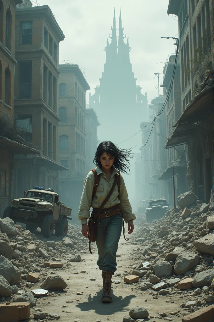 highly detailed image, soft light, light haze, masterpiece, shot like from a military chronicle, a misty, gloomy morning, a girl makes her way through the ruins of a village, dressed in torn denim shorts with a low waist, a ragged short khaki T-shirt with a large neckline, breasts and nipples are visible, disheveled short dark hair, fluffy eyebrows, large clear blue eyes, fright, bleeding cuts on her arms and legs, a battered small backpack behind her back