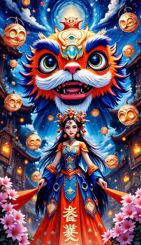 Large Peking Opera facial mask pattern background,simple atmosphere,funny pumpkin lantern carved lion headdress dress up,Chinese beautiful girl,cute and cute,girl Peking Opera facial makeup style,naughty and funny posture,small gourd waist hanging around the waist,small gourd waist showing auspicious clouds and thunder lines outline the "福" word carving,luminous particles,flowing light and shadow,movie feature,texture panorama,masterpiece,depth of field,ultra high definition,extreme detail,visual blockbuster,global illumination,