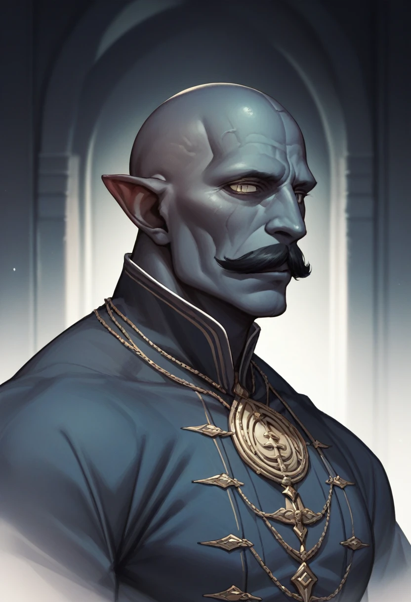 A good looking rakshasa of Indian mythology dark blue skin pointy ear bald head black moustache muscular shirtless body dark background