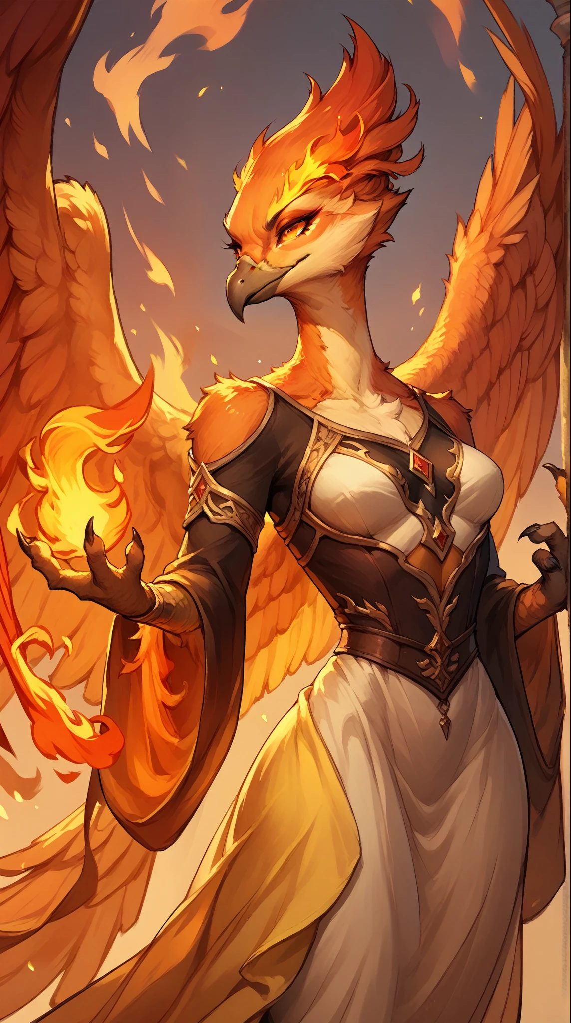 Masterpiece, high quality, perfect anatomy, female anthro phoenix, athletic figure, magic, orange and red feathers, glowing wings, wings on back, solo female, tall, majestic, elegant, stunning, beautiful female, fire and flames, glowing eyes, bioluminescence, beak,