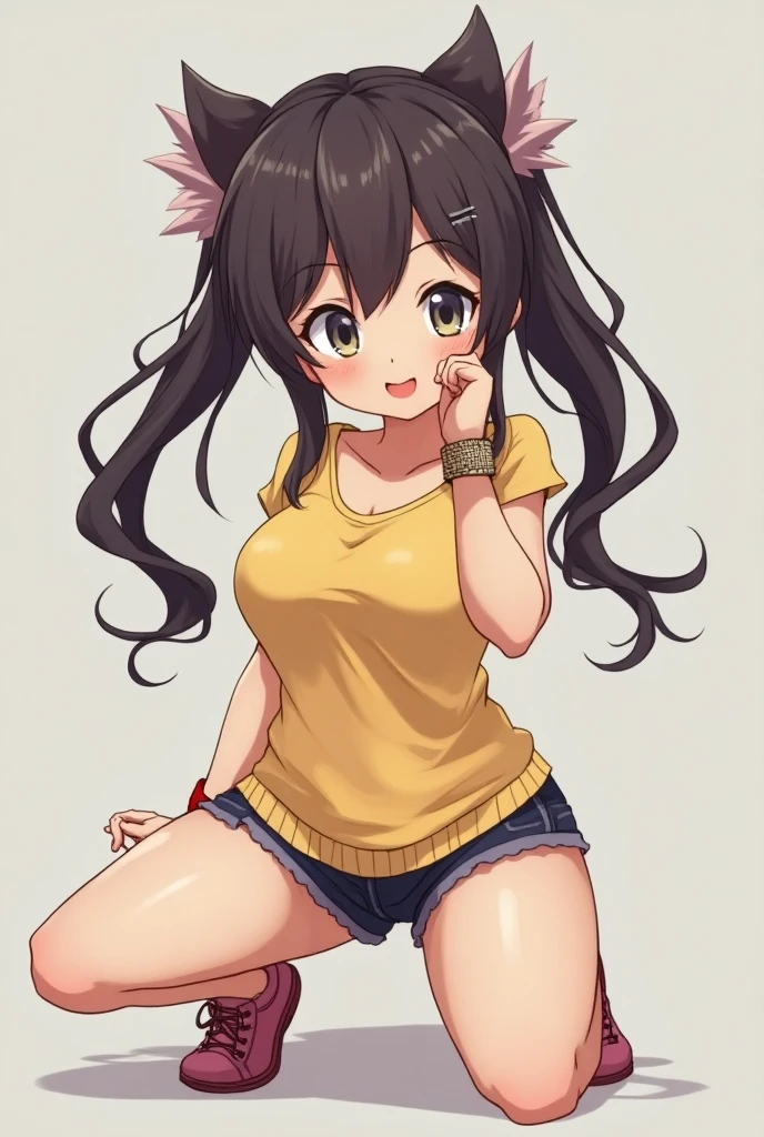 masterpiece,pull tank top shirt, tank top shirt down, I have nipples, off shoulder, bear shoulders, little girl, Curly/kinky hair, twin tails, black skin, Africa人の, shy smile, hot pants dig into anus, Africa, hand on head, A posture of leaning forward,I have nipples,I have nipples
