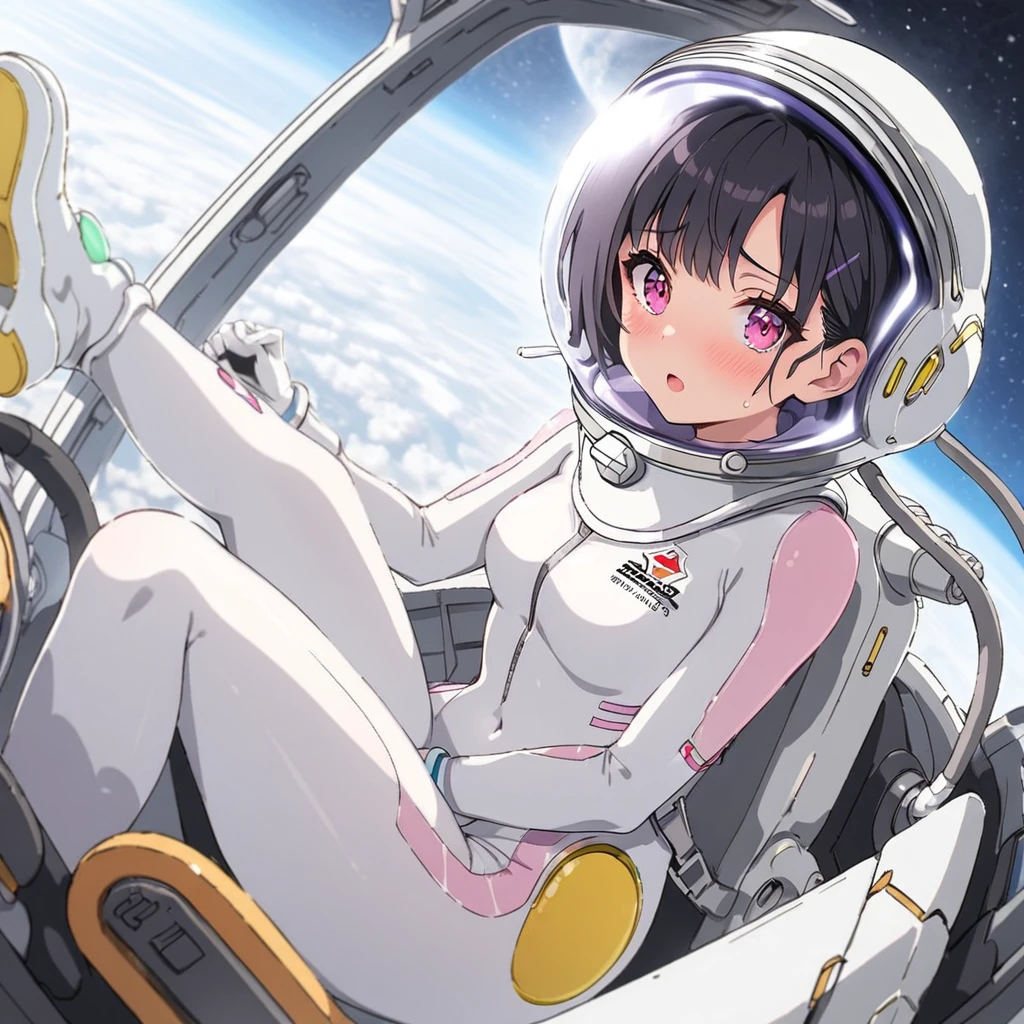 1人of女of子,Alone,short hair,(Space Suit:1.15), Black Hair Space Helmet ,whole body, indoor, masterpiece of the highest quality,  trembling, difficulty breathing, bodysuit,Lumine ,  Bubble Helmets , short hair,  backpack,gloves,blush,internal (cockpit) of (Futuristic spaceship:1.6), Sitting on narraw futuristic spacecraft cockpit seat, Covered navel, short hair