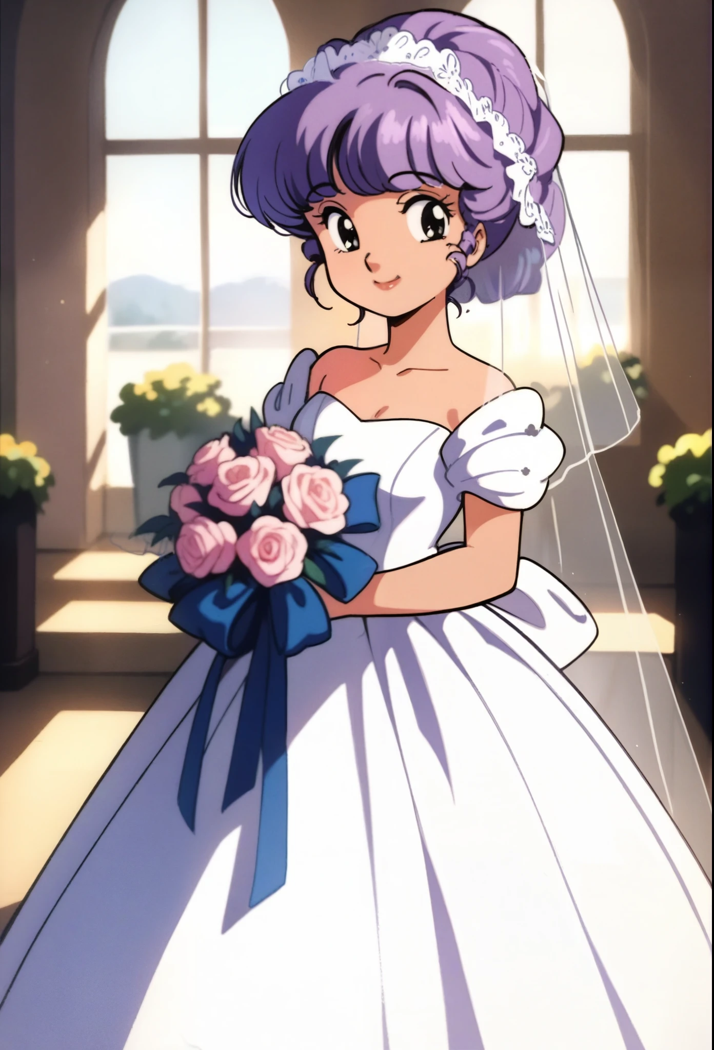 masterpiece, best quality, very aesthetic, absurdres,1990s \(style\),1girl, solo,purple hair,looking at viewer,smile, happy, bridal gown, bride dress, veil, wedding, bouquet, front view