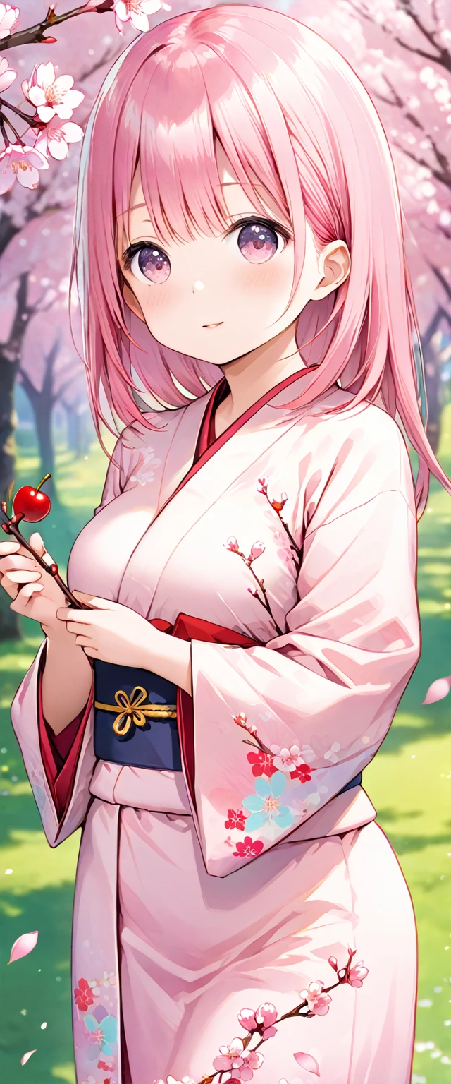 Pink Straight Hair，Pale pink kimono with cherry branches ，Holding a cherry branch in your hand，background, A beautiful row of cherry blossom trees in full bloom ， She is a kind person ,  CUTE BIG BOOBS, slim, A ite and sweet girl, colorful and lively movements 