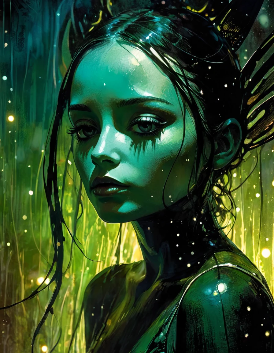 reflections, horror, breakage, sadness, loneliness, a sexy monster girl in the dark swamp (art inspired by Bill Sienkiewicz). oil painting)
