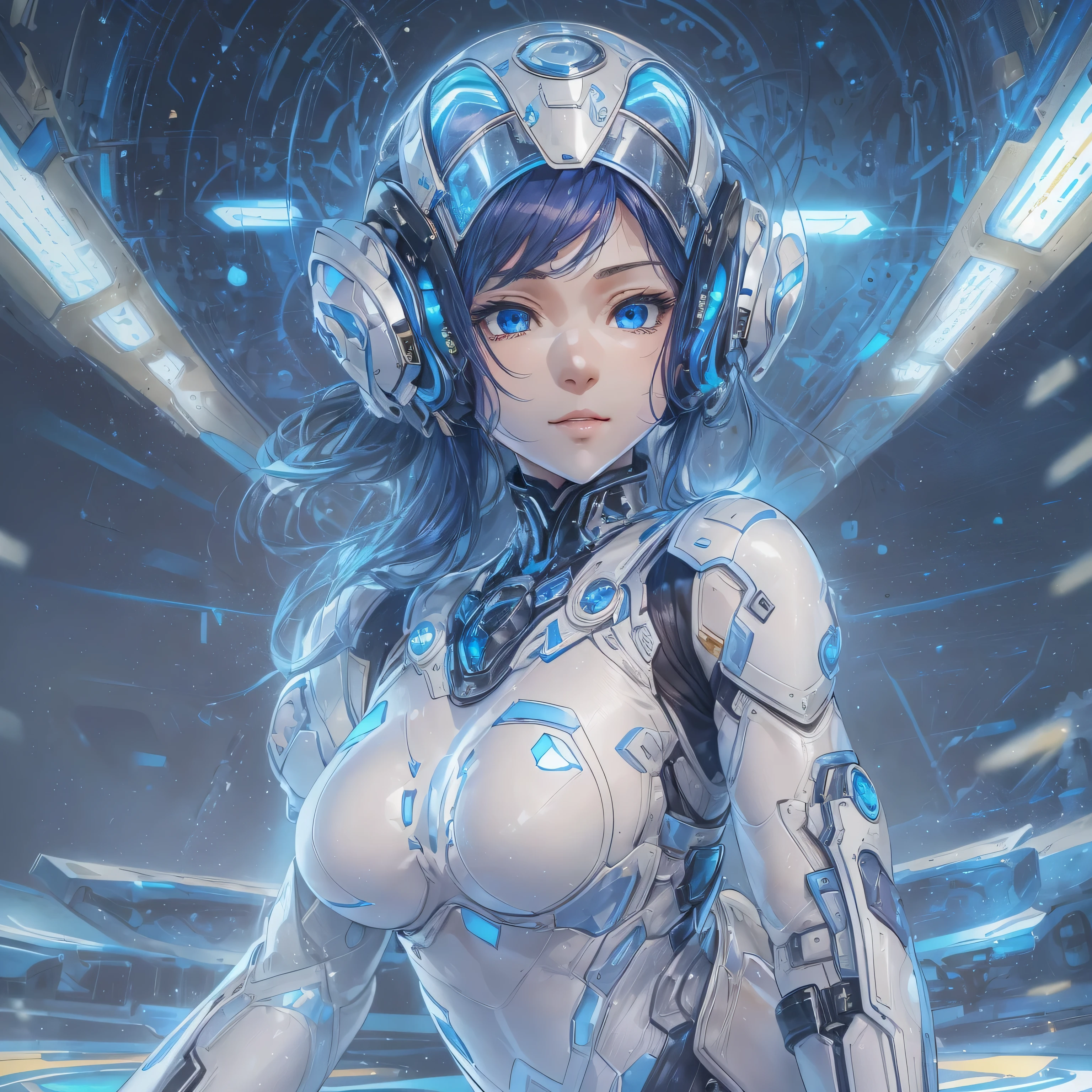 masterpiece、top-quality、The ultra -The high-definition、Top resolution、ighly detailed、profetional lighting、illustratio、(Futuristic spaceship interior interior)、(Inside the space station)、Space passenger aircraft seatustshot,1人の女性,(space helmet):1.8,(space suits:1.4),(Glossy Latex Silver Bodysuit):1.3,(deadpan:1.5),(real face):1.5,(very long hair):1.2,(dark hair), Shining hair ornament, head phone,space suits,Colossal tits、(A slight smil:1.0)、pretty skin、Japanese girl, big breasts,