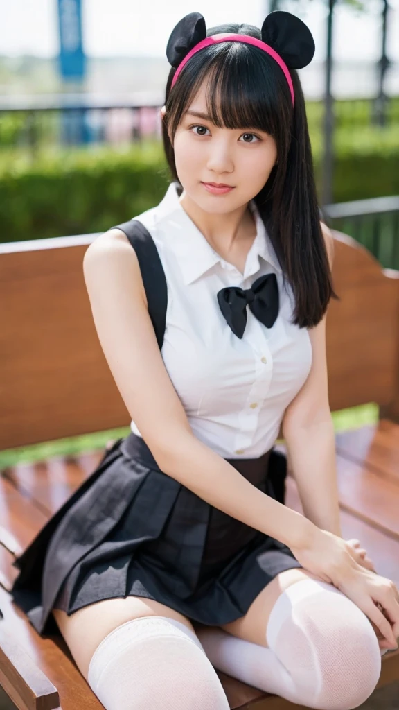 ulzzang-6500-v1.1, (RAW photo:1.2), (Photoreal), (muste piece), (genuine:1.4), 1girl、perfect anatomy、48 years old、look at the camera、medium long hair、plaid vest、((sitting on the bench:1.3))、(Super realistic black sheer pantyhose:1.2), (high heels)、(business services)、