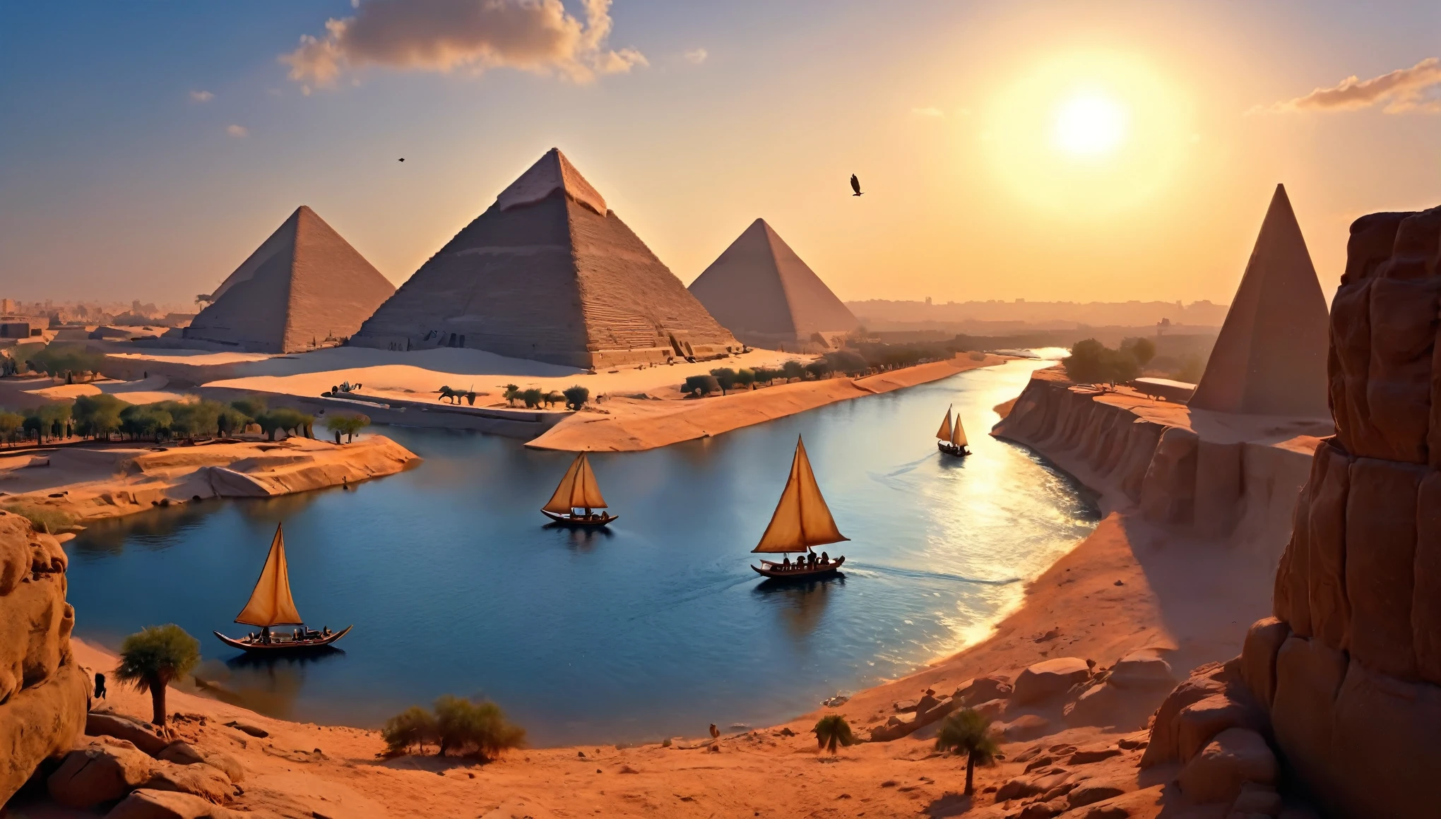 Ultra HD, high quality, 4K, score_9, score_8_up, score_7_up,  A bird's-eye view of Ancient Egypt at dawn ,  with the sun rising over the pyramids of Giza and the Nile flowing smoothly. The sky is painted in orange and gold tones ,  as the city's inhabitants begin their day .  The sound of the Nile and birdsong create a tranquil atmosphere . The overall image should be vivid, detailed, and magical, capturing the serene beauty of this idyllic landscape , high detail.