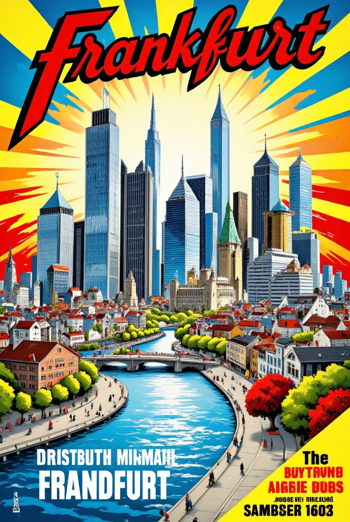 Vintage comic book cover illustration of Frankfurt Germany, high details, best quality