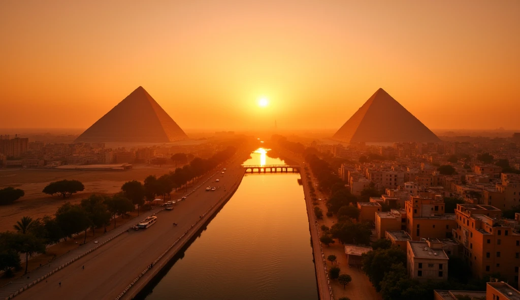 beautiful detailed A bird's-eye view of Ancient Egypt at dawn,  with the sun rising over the pyramids of Giza and the Nile flowing smoothly. The sky is painted in orange and gold tones ,  as the city's inhabitants begin their day .  The sound of the Nile and birdsong create a tranquil atmosphere , 4K UHD, ultra detailed, no aliasing