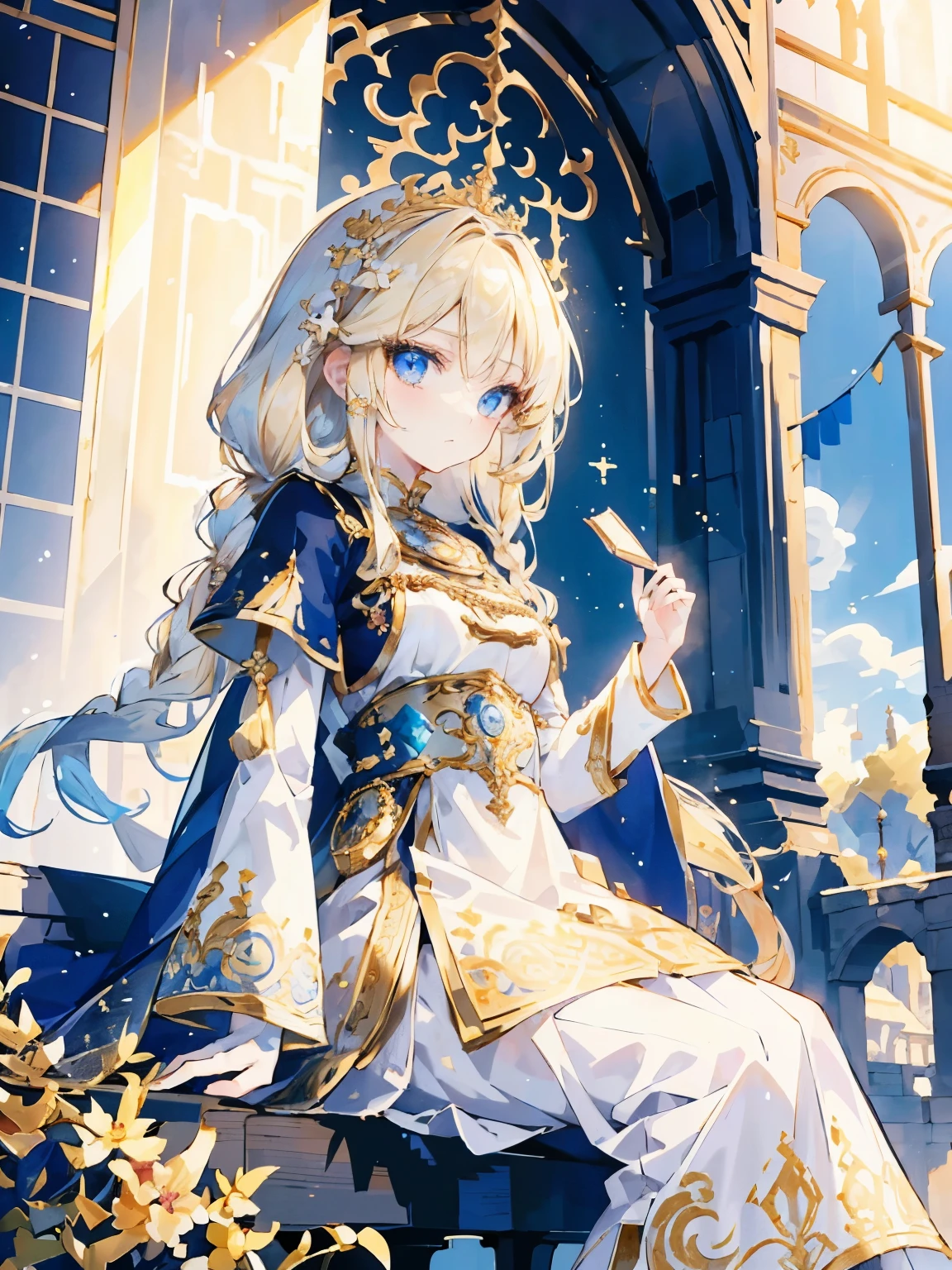 Dreamlike charming, perfect face, (Best quality, masterpiece: 1.2), girl, detailed eyes, (blonde hair),long blonde hair, braid, white and blue long fantasy priestess holy gown with golden decals and embroidery, long sleeves, white gloves, intricate fantasy dress, ornate dress, ruffly outfit, palate colors, colorful head cape,Sitting on a bench in palace garden, cute