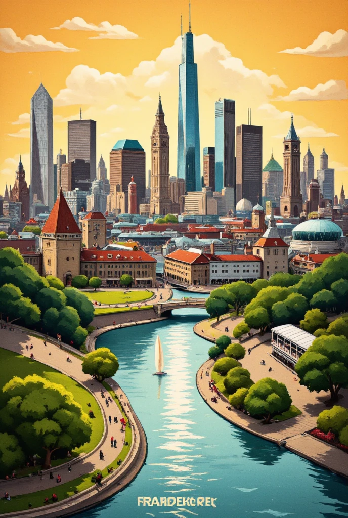 Vintage poster, cover illustration of Frankfurt Germany, highest details, best quality, no text