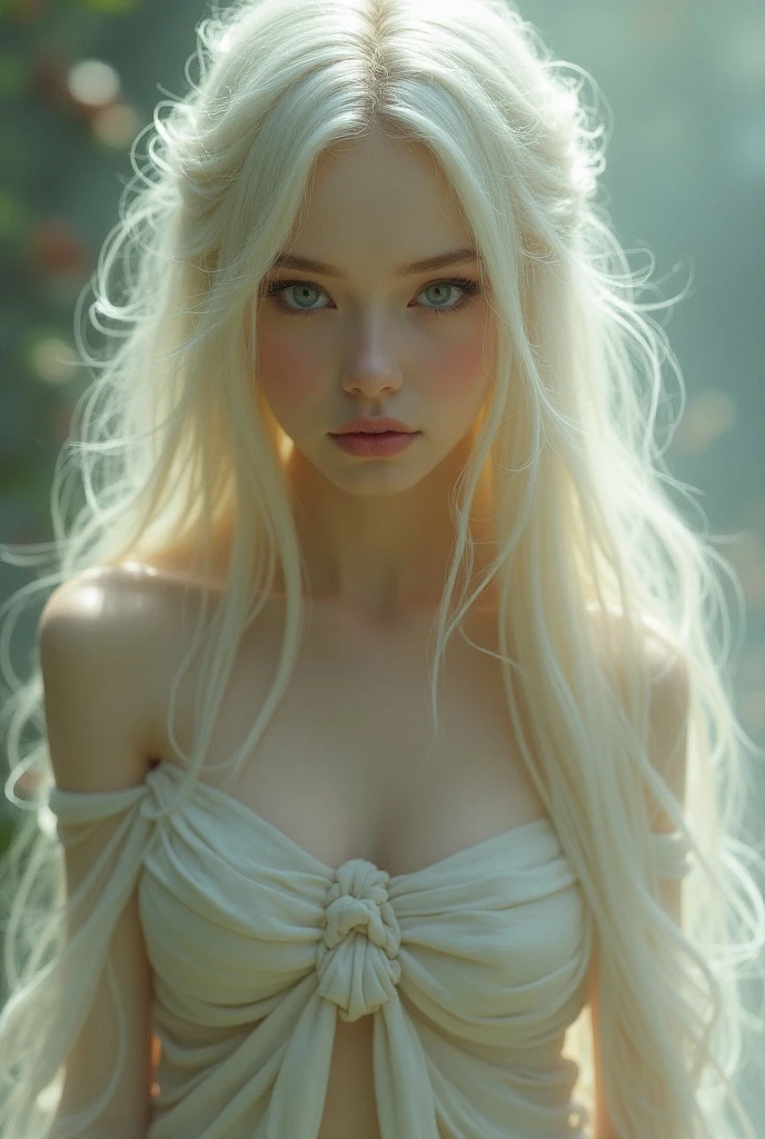 ((best quality)), ((masterpiece)), (detailed), NSFW, small breasts, prominent collarbones, skinny arms, flat and toned stomach, visible hip bones, full body, long hair, white hair, Realistic Shadows, Detailed skin, Very small breasts, highly realistic image of a stunning albino fauness, Her face should be captivating, with delicate features and a gaze that hints at mischief and joy, Her eyes should be large and expressive, reflecting the light of the forest, Give her a beautiful mane of hair, cascading down her back in flowing waves, Depict her form in a way that's both sexy and alluring, gazing curiously at the viewer, with a look of wonder and curiosity, compliment her natural beauty, but reveal enough skin to suggest a playful and naughty spirit, Focus on the graceful proportions of her body, the way she interacts with the forest around her, and the overall sense of wonder and enchantment, show full body, not safe for work,