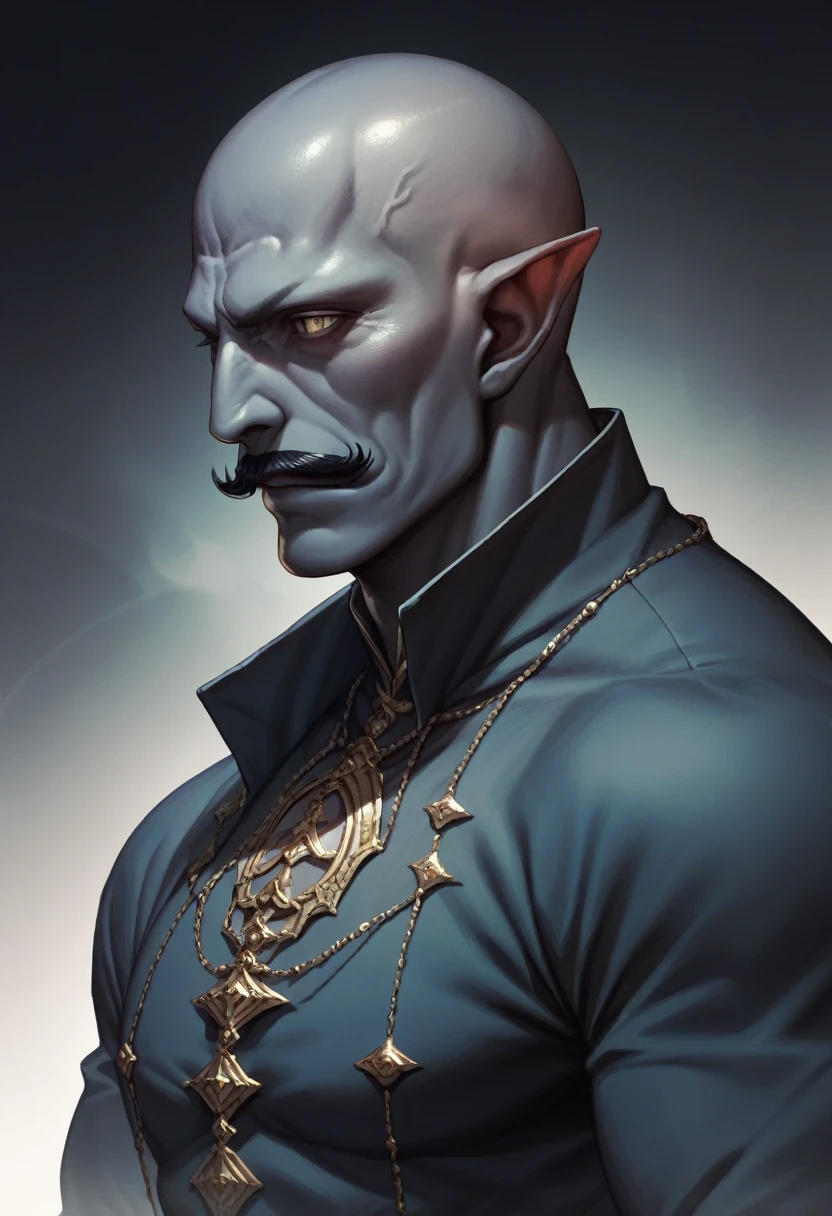 A good looking rakshasa of Indian mythology dark blue skin pointy ear bald head black moustache muscular shirtless body dark background