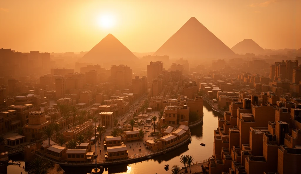 beautiful detailed A bird's-eye view of Ancient Egypt at dawn,  with the sun rising over the pyramids of Giza and the Nile flowing smoothly. The sky is painted in orange and gold tones ,  as the city's inhabitants begin their day .  The sound of the Nile and birdsong create a tranquil atmosphere , 4K UHD, ultra detailed, no aliasing