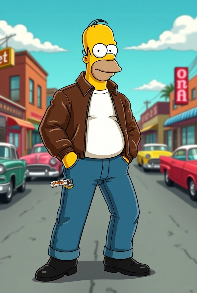 As a Homer Simpson with a hat and a cigarette while crossing his arms 