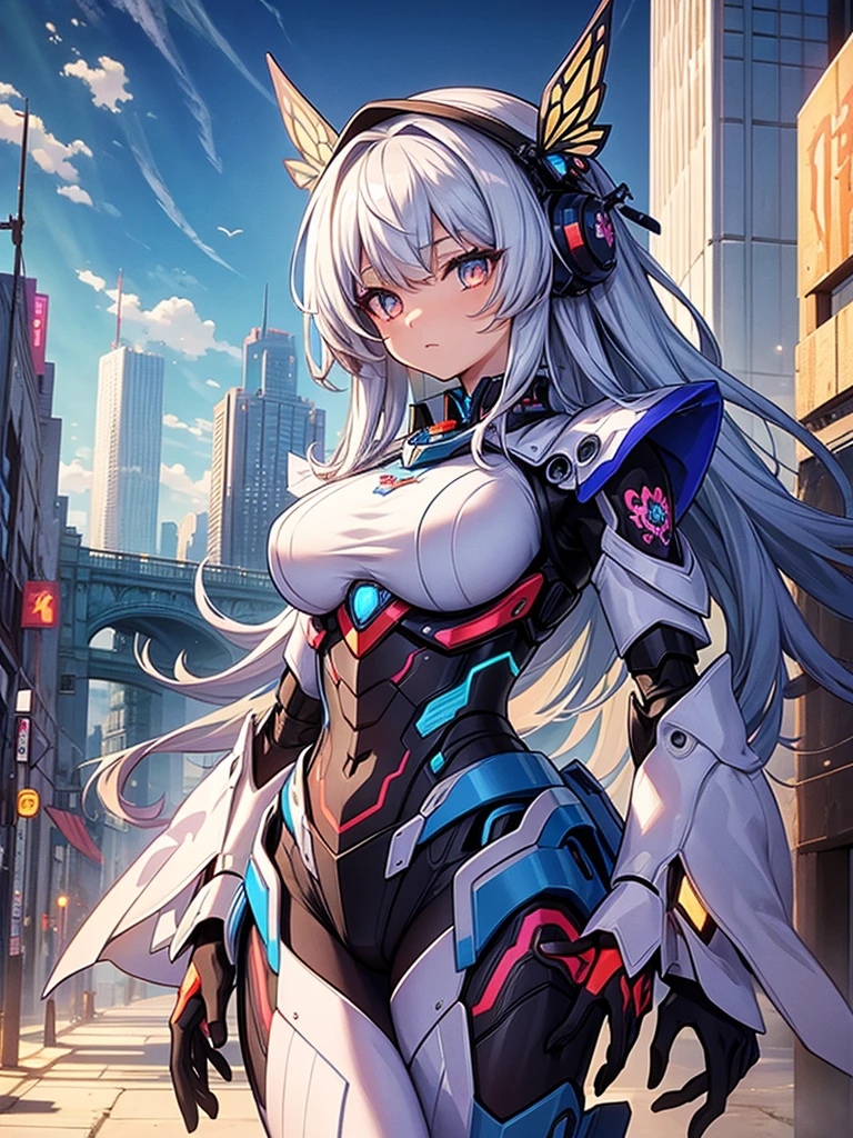 (Detailed illustrations,Very detailed and detailed drawing,Delicate lines with slow and rapid,Realistic texture expression),[Color tressed main line],[Modern city skyscrapers background],(ANIME)(A pure white GIANTROBOT Girl towering over the building area(SKINNY[SLENDER])),[AUTOMATON](A painstaking face like a sculpture[METALFACE[青白く発光するJewel-like eyes]])[(MACHINEKNIGHT)[Titanium internal skeleton](Delicate thin fingers)]],((Elegant exterior with many curved surfaces[smooth body surface])(large crown [[large raised shoulder pad]])(Ruffle Petticoat)),[TITANWEAPON[It is called the princess lily of white porcelain]Mecha Body[Metal skin][Cable running down the body surface[gear wheel]]],[Platinum coating],[科幻小说(Electromechanical)[Steampunk]],([beautiful and artistic decoration][Dense detail [White lily pattern]])[Transparency],(detaileds,high-detail),(Precisely drawn face[(Perfect and beautiful face)[Jewel-like eyes]]),[long and beautiful eyelashes],[Meticulously drawn hair [美しく艷やかな髪のdetaileds]],(完璧な手のdetaileds [Beautiful fingers without breakdowns [Beautiful nails]]),(Perfect Anatomy(Perfectly proportioned)),[Ideal color coordination(Accurate simulation of light-material interactions)],([Precision Detail](detaileds,high-detail)),(Huge feeling[Total length 40 meters])[[Full body like]][Visual art that conveys a sense of narrative].