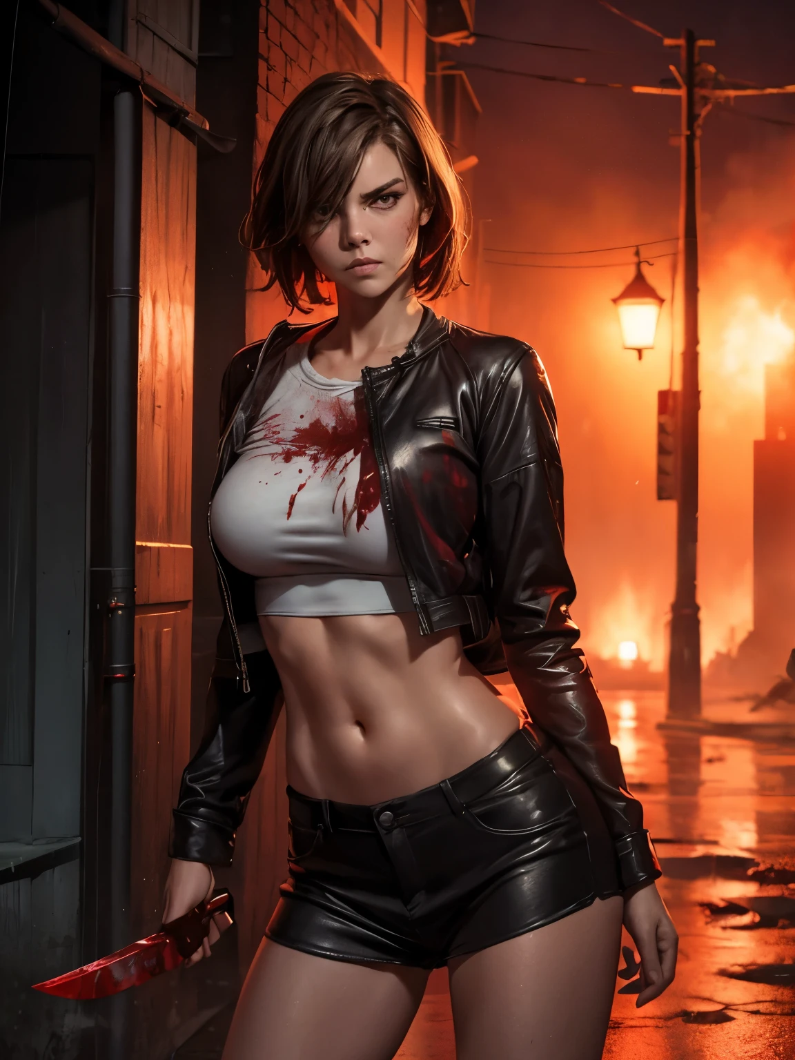 masterpiece, best quality, looking at viewer, facing viewer, bare legs, Lauren Cohan, 1girl, solo, upper body, bow, serafuku, disgusted face, night time, heavy rain, outdoors, city, crop top, navel, wet clothes, drenched, overly long sleeves, hands in sleeves, blood tears, blood marks, dark alleyway, blood splattered on the ground, red bright light, glowing eyes, depth of field,holding a knife,red sky, atmofer,perfect hands, sagging breasts.