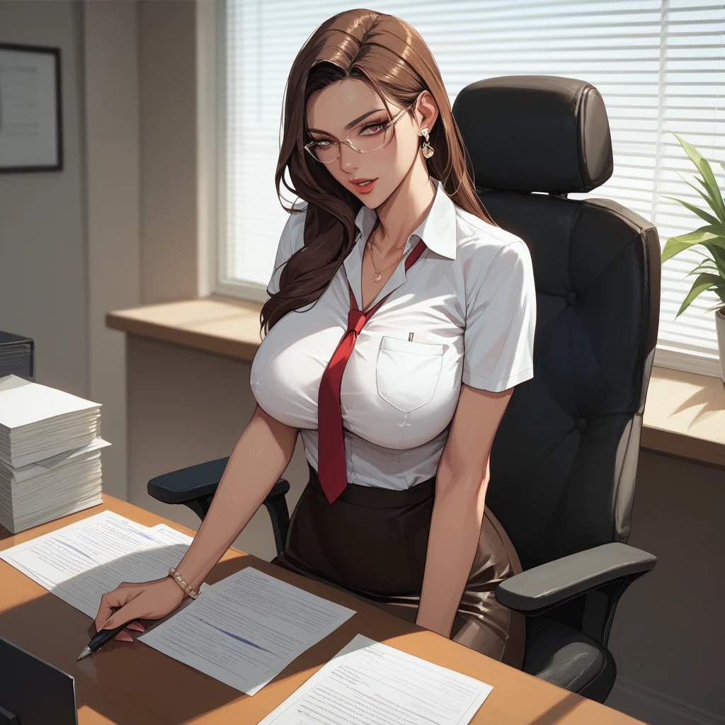 Anime secretary with big breasts holds a bunch of office paper 