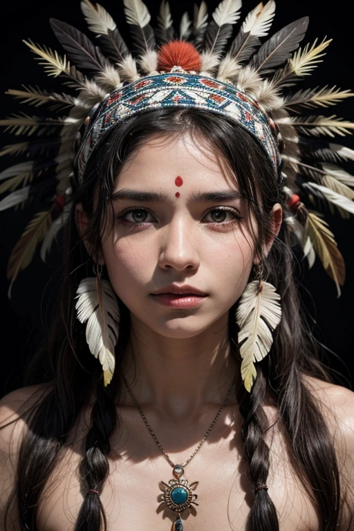 (full portrait), (half shot), solo, detailed background, detailed face, (stonepunkAI, stone theme:1.1), wise, (female), (native american), (beautiful hair, braids:0.2), shaman, septum piercing, mystical, (gorgeous face), stunning, head tilted upwards, (serene expression), calm, Seafoam Green frayed clothes, prayer beads, tribal jewelry, feathers in hair, headdress:0.33, jade, obsidian, detailed clothing, cleavage, realistic skin texture, (floating particles, water swirling, embers, ritual, whirlwind, wind:1.2), sharp focus, volumetric lighting, good highlights, good shading, subsurface scattering, intricate, highly detailed, ((cinematic)), dramatic, (highest quality, award winning, masterpiece:1.5), (photorealistic:1.5), (intricate symmetrical warpaint:0.5),