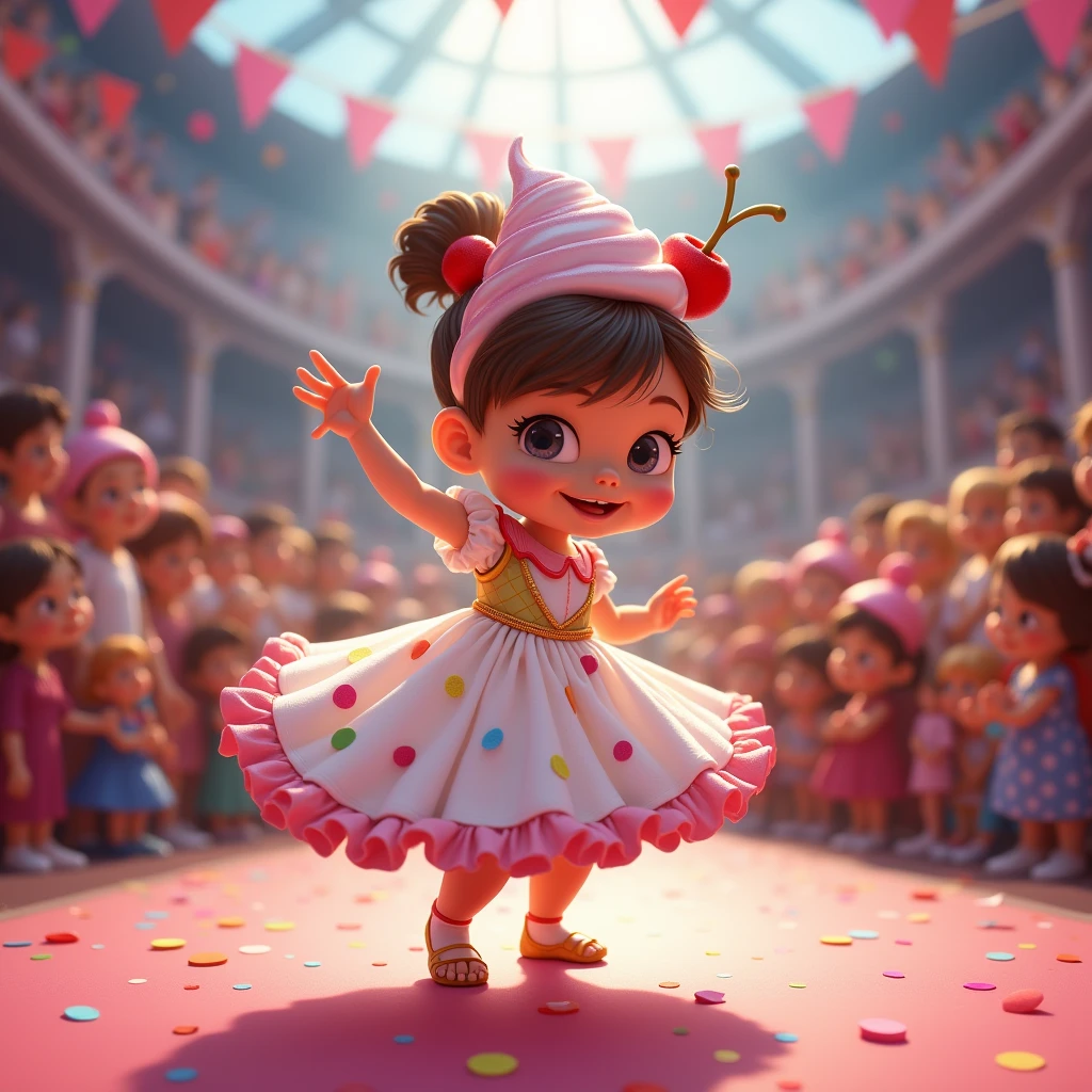 Create a scene where a smiling and adorable baby girl is wearing a dress made with candy canes in brigadeiros and grated coconut in relief, and on the baby's head an ornament of candy in relief, and parading on the catwalk, ultra realistic 4k moving camera