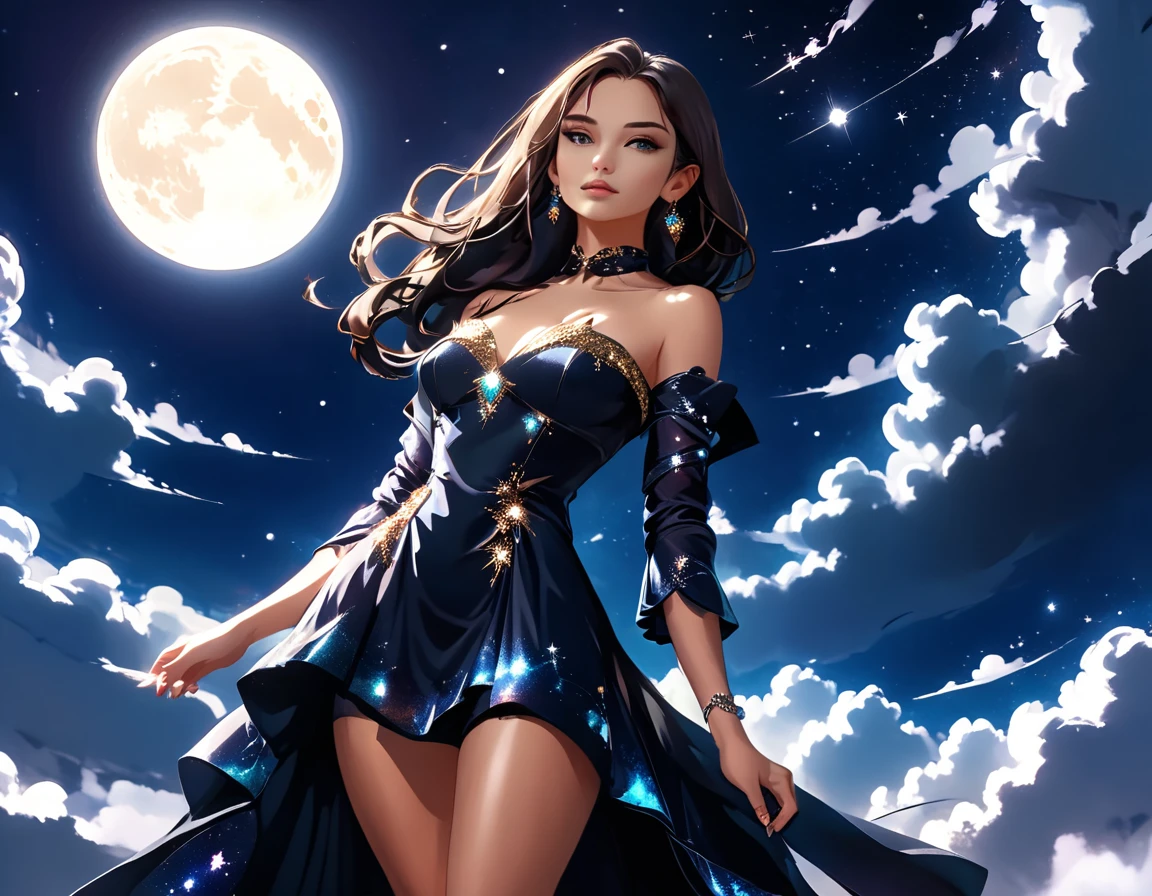 a beautiful model wearing an intricate clack dress, in a fashion show, there are glowing stars on the dress, wearing high heels, it is night time the moon in the sky, fantasy art, 16K, full body, silhouette, from side, Ultra-Wide Angle, retina, UHD, best quality, 16k, highres, high details,