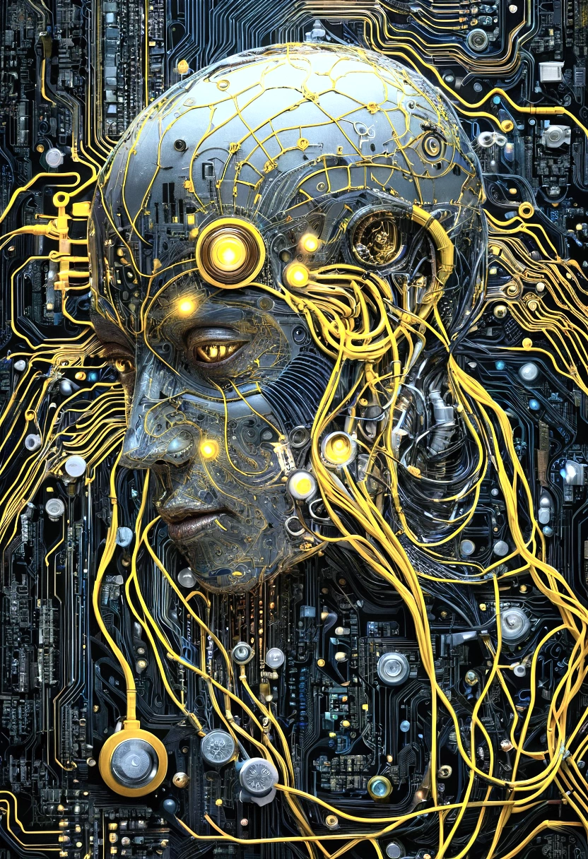 一幅       surrealism 的手绘数字插图展示了一个由无数彩色电线、A      surrealism hand-drawn digital illustration showing a humanoid figure intricately composed of circuit boards and mechanical parts。 The face is very similar to a human ，, but it is certainly true ， is wrapped around the head and neck Winding cables obscure the bright maze of 。 The vivid eyes look into the distance 、blue、 yellow and black wires In stark contrast ， to create a compelling visual effect where organic forms intertwine with machines。 enhance the futuristic yet unsettling atmosphere ， their soft light suggests the complex internal workings of this cybernetic organism 。The character's expression is neutral ， MicroLEDs and electronic components embedded everywhere ，A strange sense of contemplation amidst mechanical chaos。Soft background light，Highlighting the vibrant detail of wires and circuits， make the bright details of the wires and circuits stand out even more 。       surrealism ，Vibrant，Digital Painting， cyberpunk，mechanical，Texture，detail