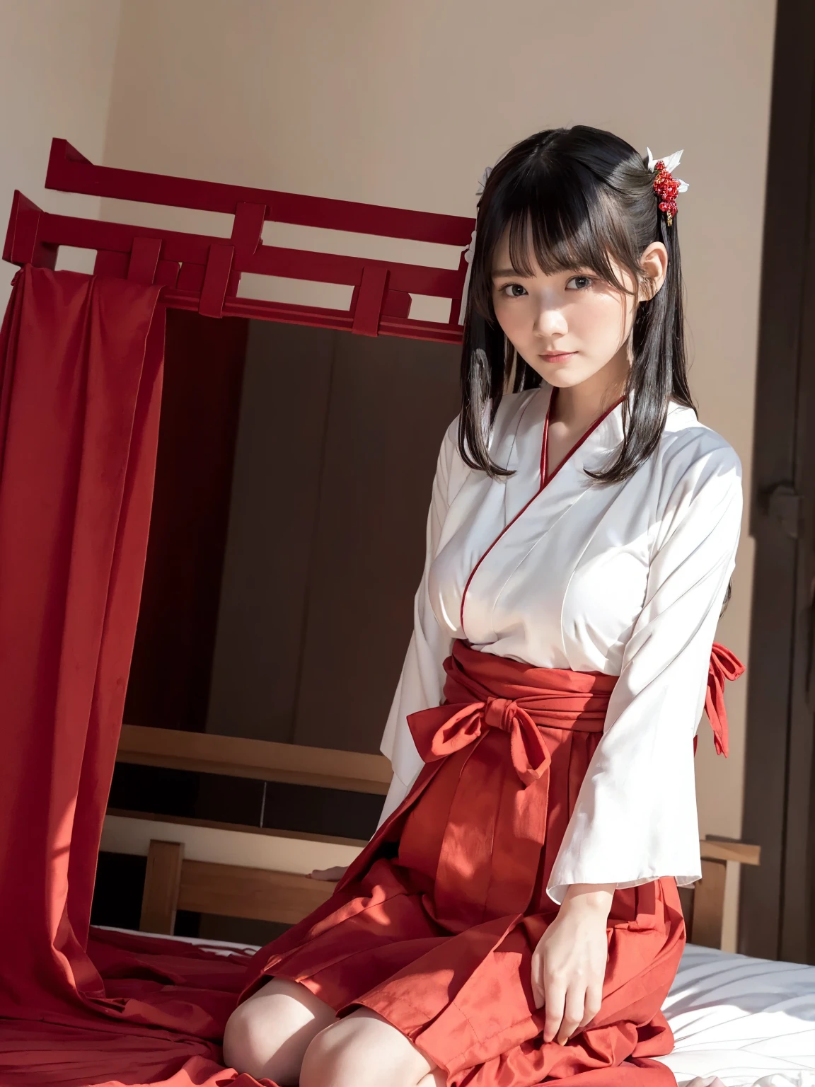 (masterpiece,  best quality,  best quality, Official Art, beautiful、beautiful:1.1), gigantic breasts,(RAW 写真 best quality:1.1),(One Girl),(Shrine maiden:1.3),(Red Hakama:1.1),(5ars old:1.4),  white kimono, Red Long Skirt , short stature ,Petite body,Black Hair  , HAIR ACCESSORIES, Hair Clip):1.2,( Fractal Art :1.1),baute,Adorable, absurd,  High Resolution ,  very detailed , Ultra-precise expression, Alone, Floating Hair, ( Black Hair :1.4),  Glowing Skin ,(Asymmetrical Berry Short:1.2),, perfect bodies ,Slender body, viewers,( dark bedroom:1.3),Hotel at night:1.2,