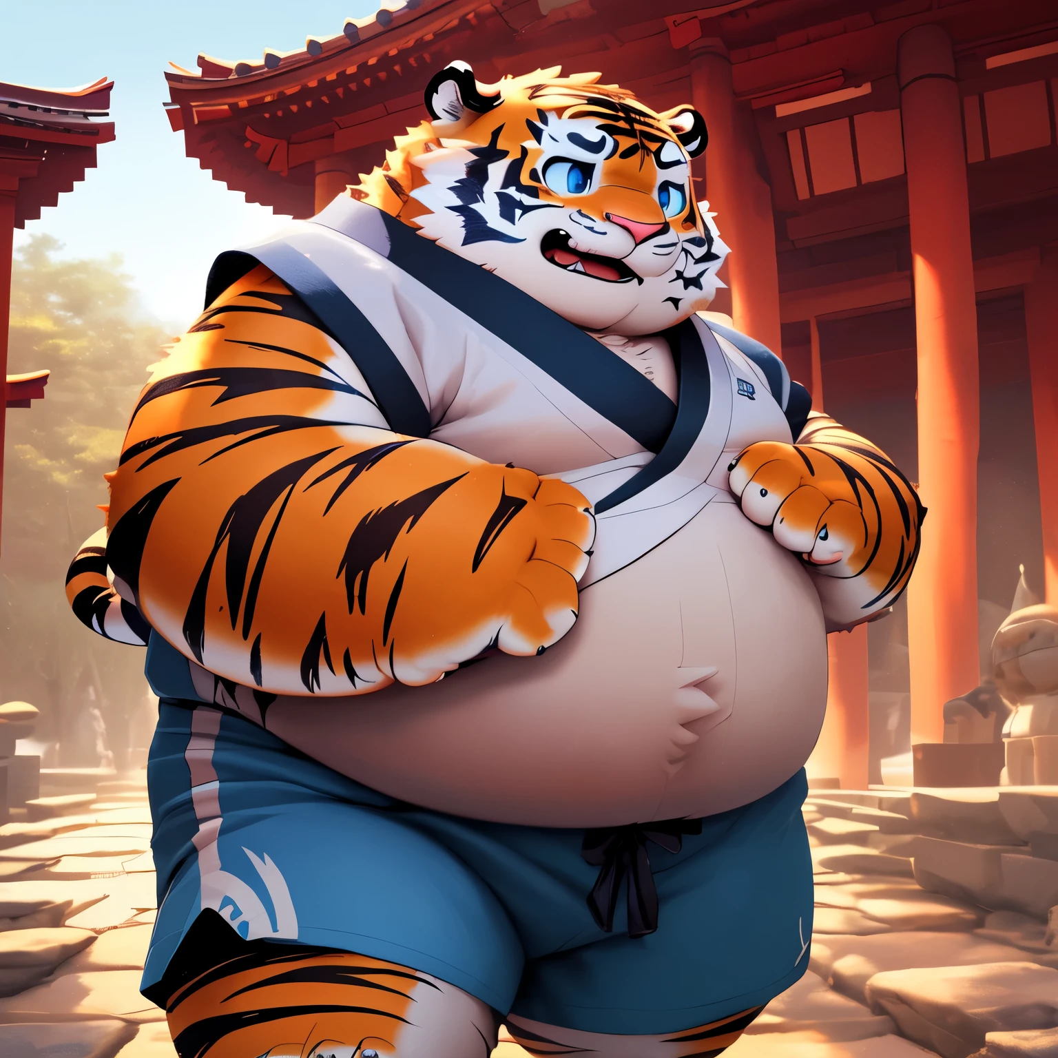 New Jersey 5 Pelzig,Tiger，Lonely，pummelig，Fat，thick arms， Sturdy muscles ，Shorts，Orange plush fur， chubby ，  black eyebrows  ，sky blue eyes，bart，( Japanese samurai clothing), temple background ,(( Cute facial expression )),8k,( high quality ),(Ultra HD),( super detailed ),