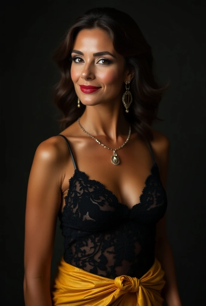 A Latina woman in her early 30s poses confidently against a completely white background, drawing all attention to her. She is wearing black lace lingerie that accentuates her curves, with intricate details adding a touch of sophistication and sensuality. Her skin glows under the light, highlighting her warm and radiant complexion. With a seductive gaze and an enigmatic smile, she exudes a mix of mystery and allure. Her dark hair falls in loose waves around her shoulders, perfectly complementing her outfit. The simplicity of the white background further emphasizes her presence and elegance.