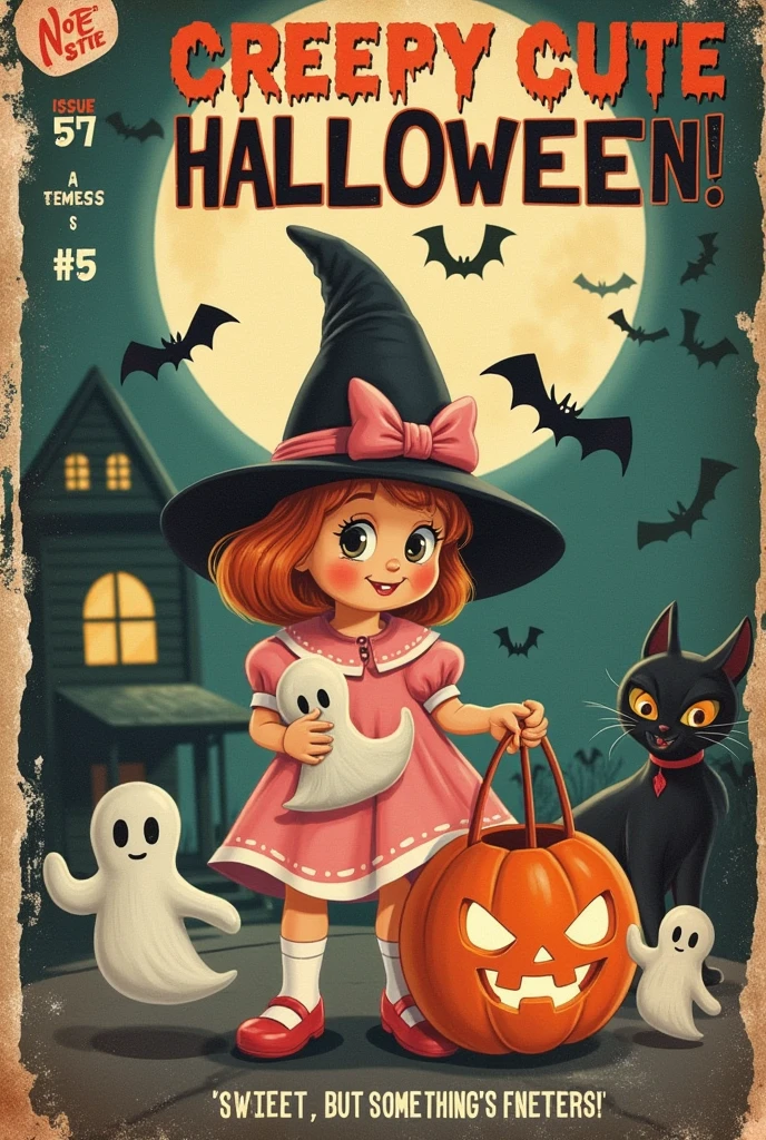 Comic book cover titled "Creepy Cute Halloween!", featuring a realistic young girl dressed as a pastel-colored witch, with a mischievous smile. She holds a plush ghost doll in one hand, while her other hand rests on a pink jack-o'-lantern that glows softly. Surrounding her are adorable yet eerie creatures, like tiny bats with big eyes and grinning black cats with oversized heads.

The moonlight casts a gentle, spooky glow, while a whimsical haunted house with crooked windows sits in the background. The art style is true to the 1940s-50s comic covers, with soft, faded colors and subtle shading, creating a balance between sweetness and a sense of danger. The vintage paper texture adds to the charm, with slight creases around the edges.

The title, "Creepy Cute Halloween!", is written in playful, wavy lettering, with a 5¢ price tag and issue #7 in the corner. Beneath the title, a subtitle teases: "Sweet, but something's lurking!".

The overall tone is both cute and unsettling, making it a perfect blend of spooky and adorable for Halloween!