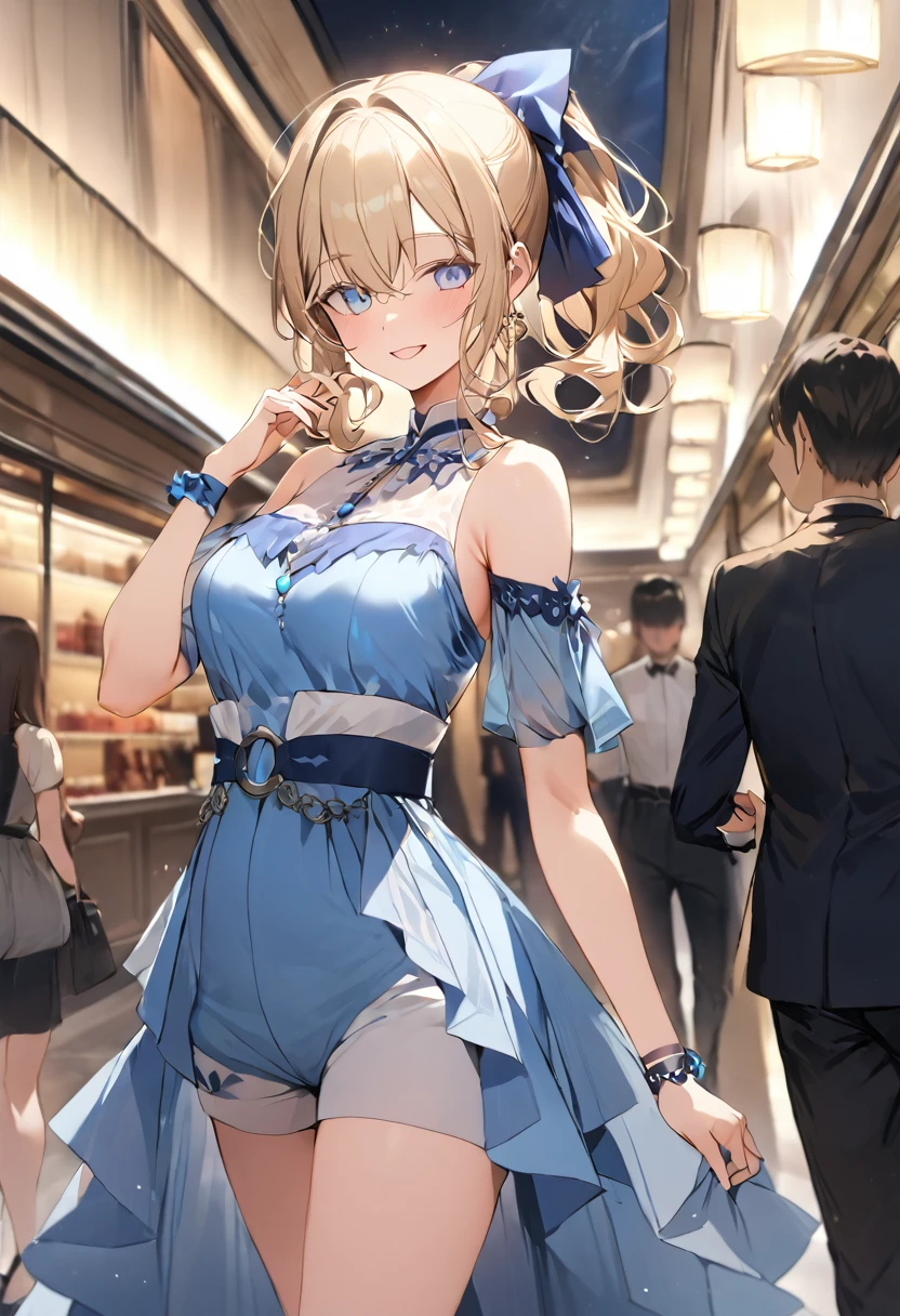 ((masterpiece,High resolution,Highest quality))
(Mature 26 years old,One Fair-skinned woman,Very small waist,Big breasts)(erection atmosphere,Seductive eyes)(Blonde long ponytail hair curled into a curl at the end, and two curled strands in front, Light blue eyes,Sharp Eyes)(Light Blue Modern Dress, Teasing, Happy, In the Mall at night)