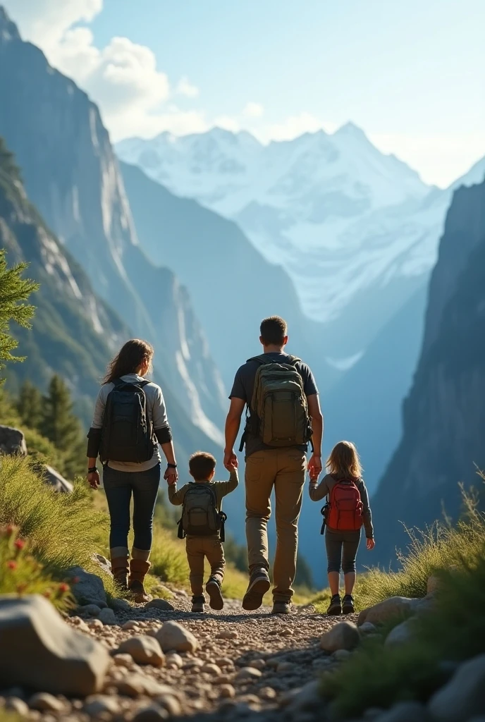 A family formed by a girl, a father, A mother and they carry a map, 
cheered up  
