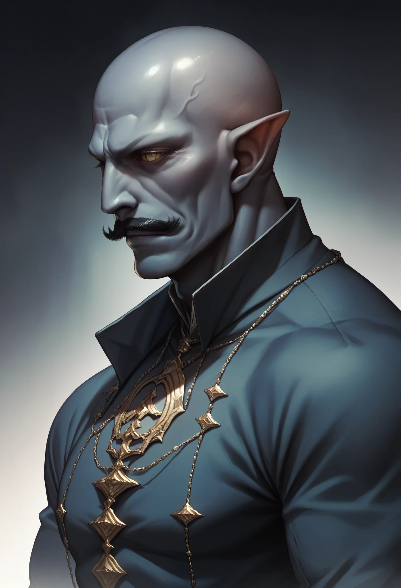 A good looking rakshasa of Indian mythology dark blue skin pointy ear bald head black moustache muscular shirtless body dark background