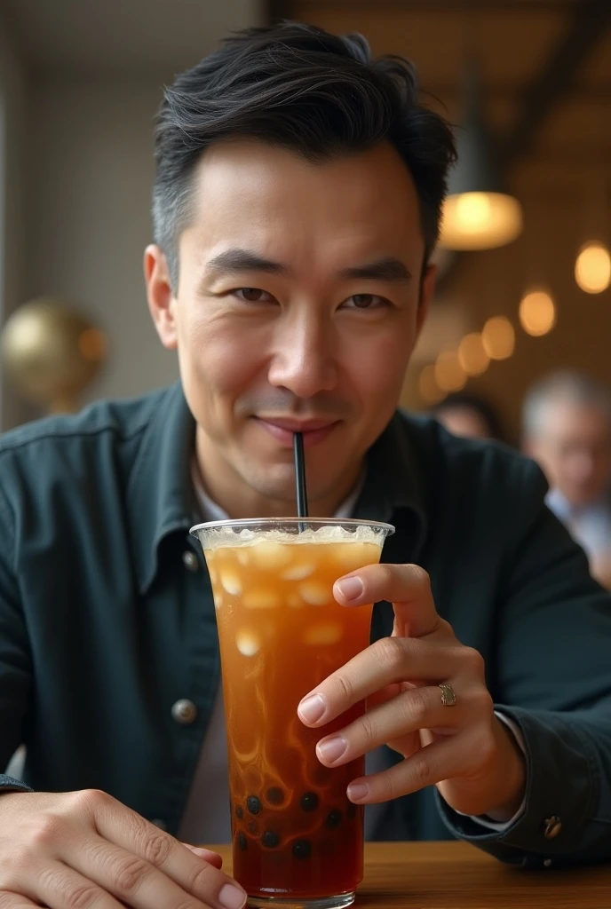 High quality, High detail, Textured skin, Correct dissection, Surrealist detail 8K Andy Lau drinking lemon tea
