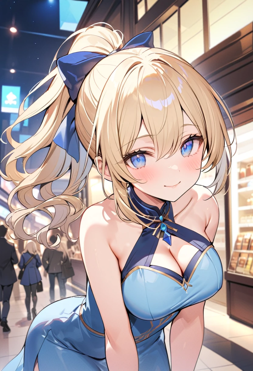 ((masterpiece,High resolution,Highest quality))
(Mature 26 years old,One Fair-skinned woman,Very small waist,Big breasts)(erection atmosphere,Seductive eyes)(Blonde long ponytail hair curled into a curl at the end, and two curled strands in front, Light blue eyes,Sharp Eyes)(Light Blue Modern Dress, Teasing, Happy, In the Mall at night)