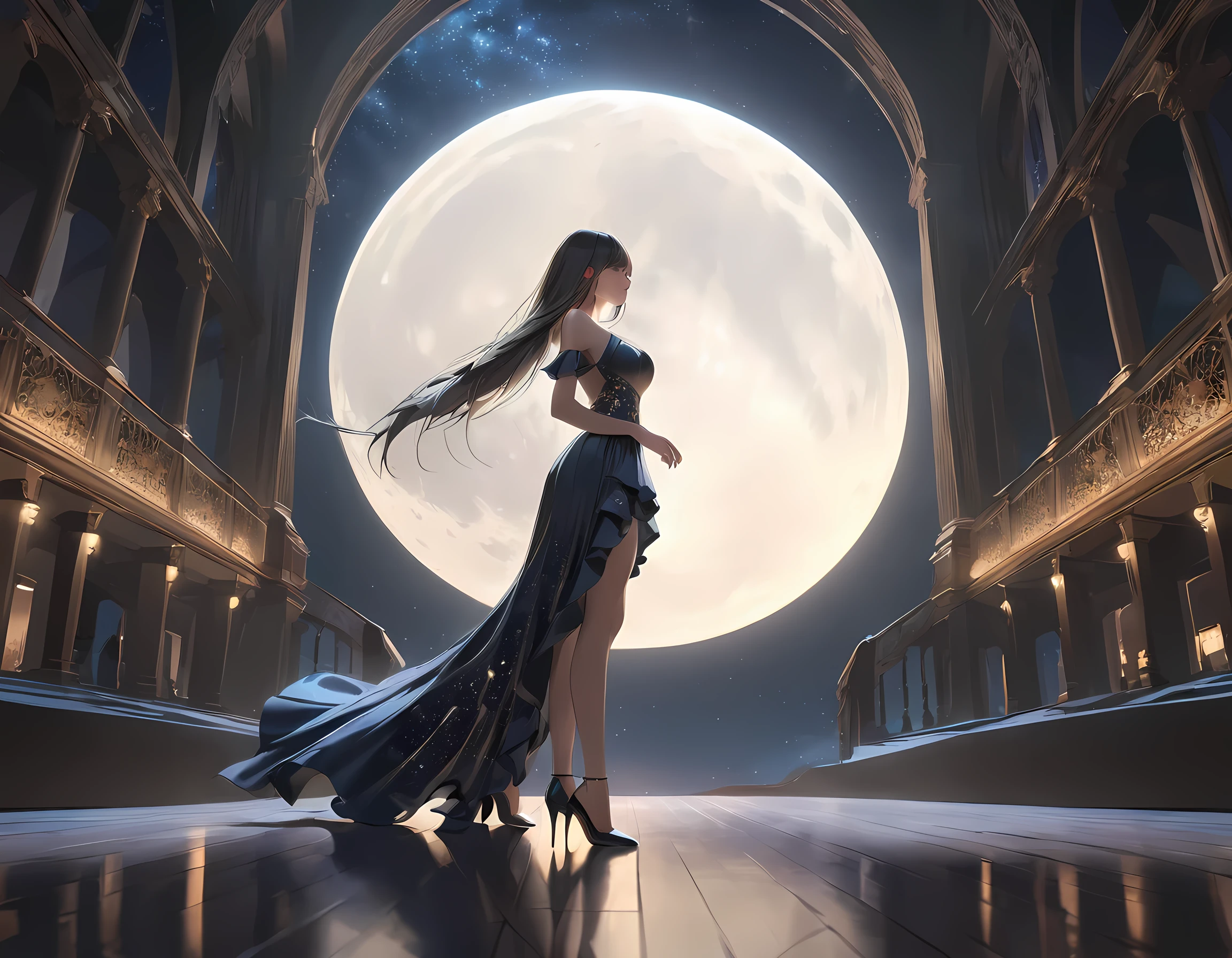 "A ethereal lady elegantly dances amidst the skeletal remnants of a cemetery, enveloped in the eerie mist of a moonlit night."