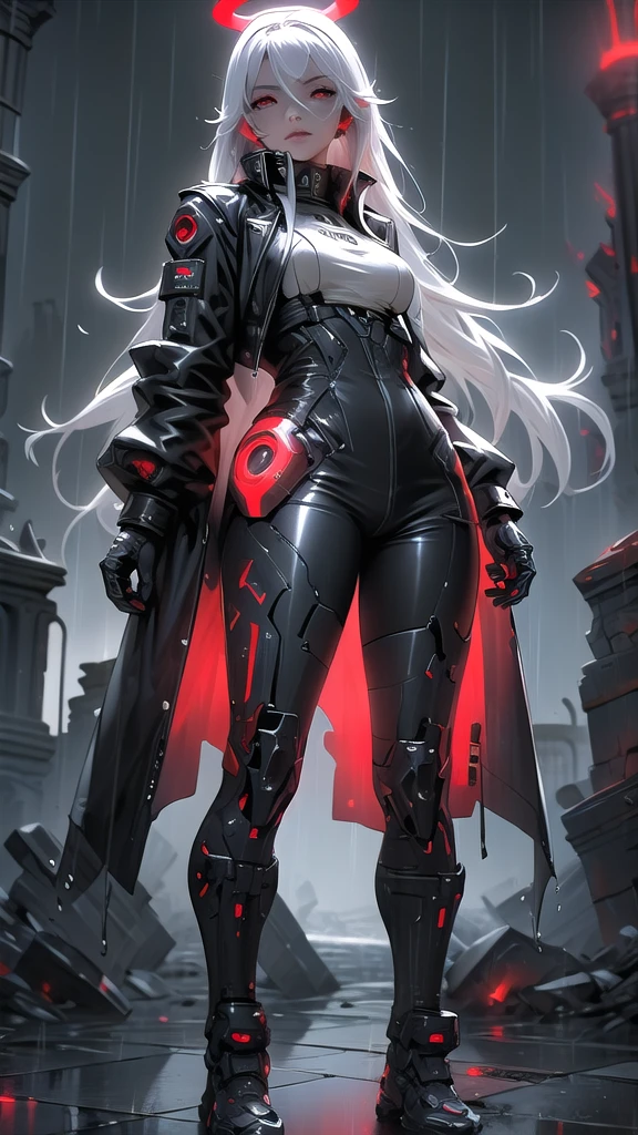 masterpiece, best quality, 1girl, red eyes, white hair, mechanical legs, raincoat, black gloves, black coat, raining, sky, ruins, rifle, headset, rubble, android, long hair, halo,