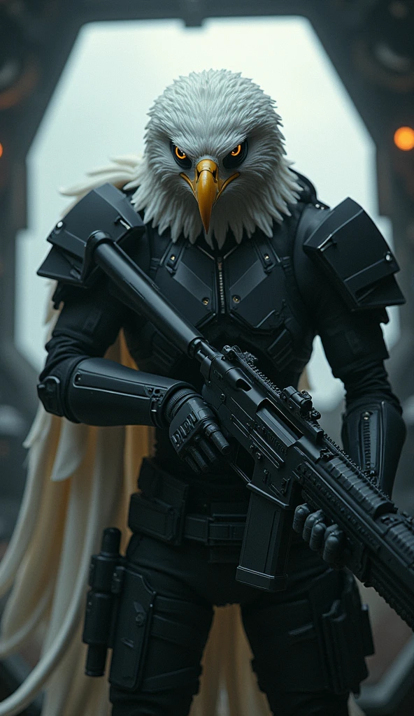 humanoid white eagle , with black cyberpunk armor , aiming with a futuristic machine gun, with eye patch. Inside a military warplane. HE'S INSIDE THE WARPLANE . blurry cyberpunk style background