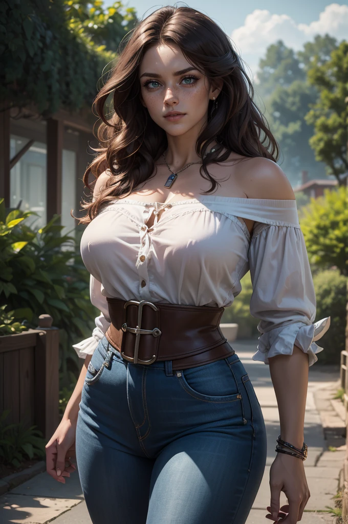 a woman, oversized blouse, off-shoulder,cottage blouse,jeans pants, ultra-realistic details, hyper-muscular , (1girl:1.2), (realistic:1.37), (best quality,4K,8k,highres,masterpiece:1.2),ultra-detailed,(photorealistic:1.37),Chiaroscuro Lighting,vibrant colors,dramatic lighting,oil painting,Digital Art,cinematic composition,a (waist up:1.2)  photorealistic and kinematic color digital painting by GCN female presenter Manon Lloyd,  road cyclist  (80's heavy metal rock star hair style:1.2), animated smile, outdoor, detailed face,  incredibly detailed and intricate character  , clear, clear e claro, Volumetric Lighting,  ultra high resolution ,  hyper realistic masterpiece by Don Lawrence , centered,  professional color classification by Kenneth Hines Jr .
