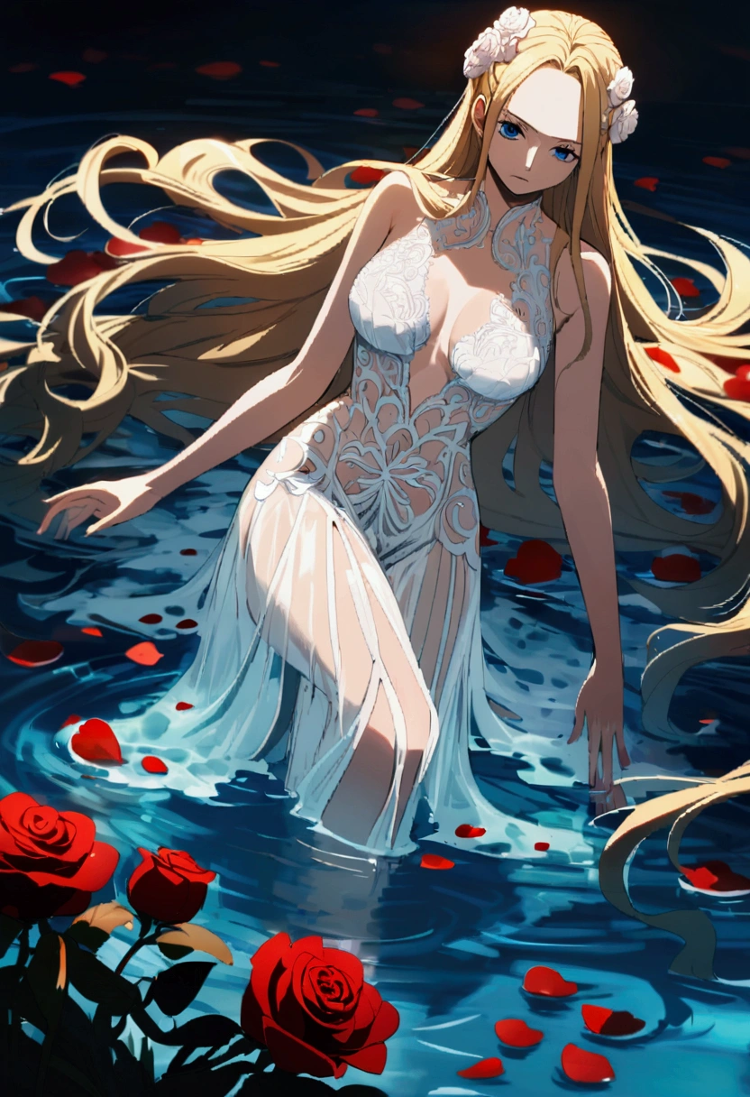 masterpiece,8k,Fairy tale style,Rose Princess,sleeping Beauty,A woman with big ,ahegao,Long blond hair,ta,Showing belly,Slim waist,Lying in the sea,Wet clothes,