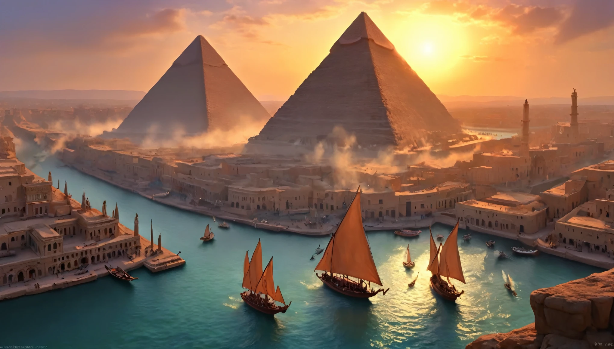 Ultra HD, high quality, 4K, score_9, score_8_up, score_7_up,  A bird's-eye view of Ancient Egypt at dawn ,  with the sun rising over the pyramids of Giza and the Nile flowing smoothly. The sky is painted in orange and gold tones ,  as the city's inhabitants begin their day .  The sound of the Nile and birdsong create a tranquil atmosphere . The overall image should be vivid, detailed, and magical, capturing the serene landscape , high detail.