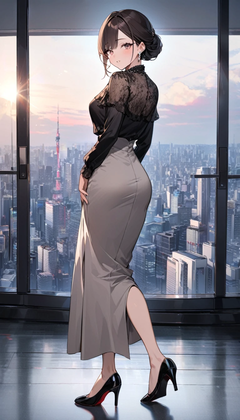 (masterpiece, top quality),
1girl, ass, solo, window, from behind, brown hair, facing away, butt crack, back, long hair, indoors, bed sheet, topless, dress, white dress, artist name, watermark, median furrow, pillow, cityscape, on bed, shoulder blades, patreon username, bare shoulders, see-through, bare back, shiny, bed, dimples of venus, web address, sitting, blanket, 
detailed eyes, Perfect features, (masterpeace, best quality, good quality:1.4), masterpeace, intricate details,