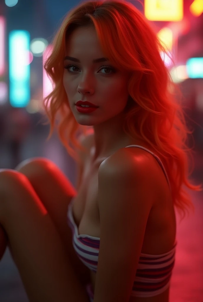 ((Realstic)) and ultra-detailed photography of a nude woman, neon colors, rim lighting, secondary green complimentary lighting, sexy, beautiful woman, red glowing skin, red neon lights, neon light language, red and cinematic lighting, red neon light, neon lit, glowing red, red lighting on theface, dark background