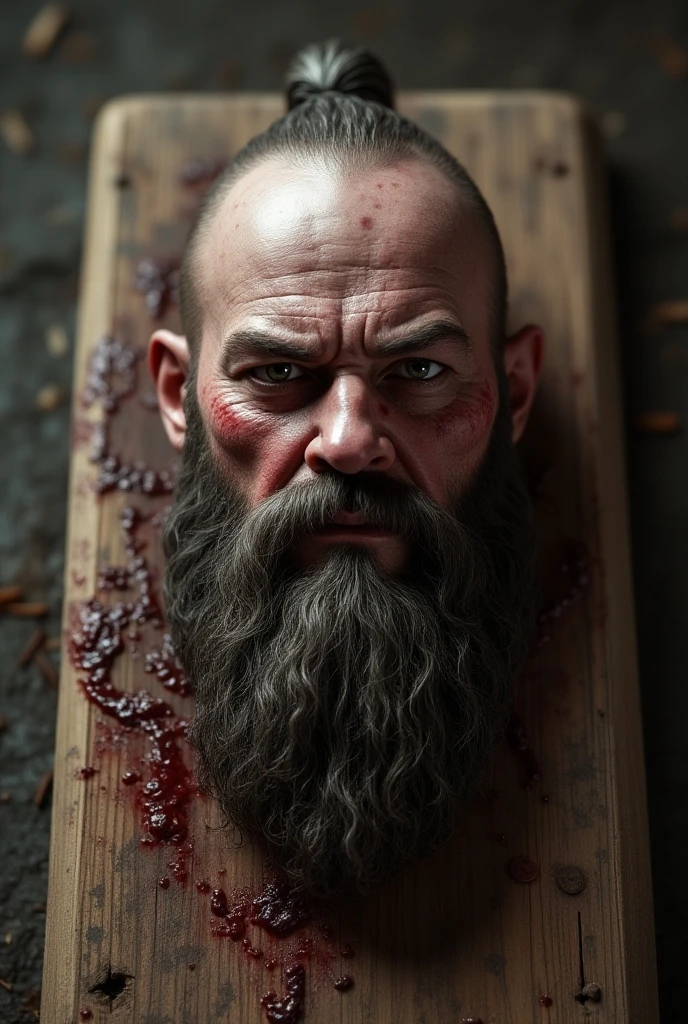 Create a realistic close-up image of a cannibal bearded man eating a human limb