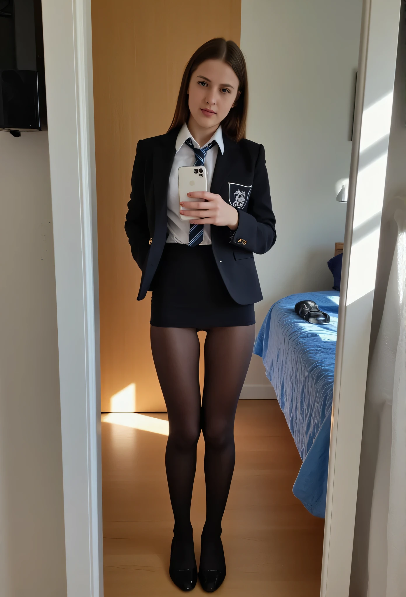 1girl; (((12yo white british girl))); ((((wearing a very tight and extremely tiny black pencil miniskirt that is cut very short, ultra sheer 5 denier black nylon pantyhose)))); ((felt black ballet flats)), (((detailed feet, toe cleavage))), white school shirt, blazer (her bedroom), tie, (((selfie, holding a phone, looking at the camera))), ((detailed skin, skin pores, veins)), sun shining on her legs