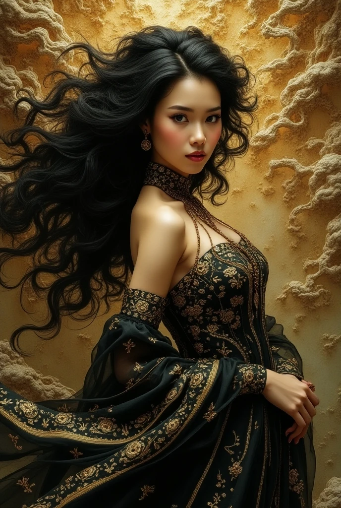 A long-angle shot with a 9:16 aspect ratio captures a breathtaking scene of a beautiful harlot woman wearing an intricate Nori seaweed dress. The shot zooms in, focusing on the details of the dress and the woman's alluring presence. The Nori seaweed dress wraps around her body, accentuating her curves in an enticing manner. The camera angle adds a sense of drama and elegance to the composition, highlighting the sophistication of the character. This zoomed-in shot aims to showcase the intricate details and craftsmanship of the dress, immersing the viewer in its beauty --auto --s2