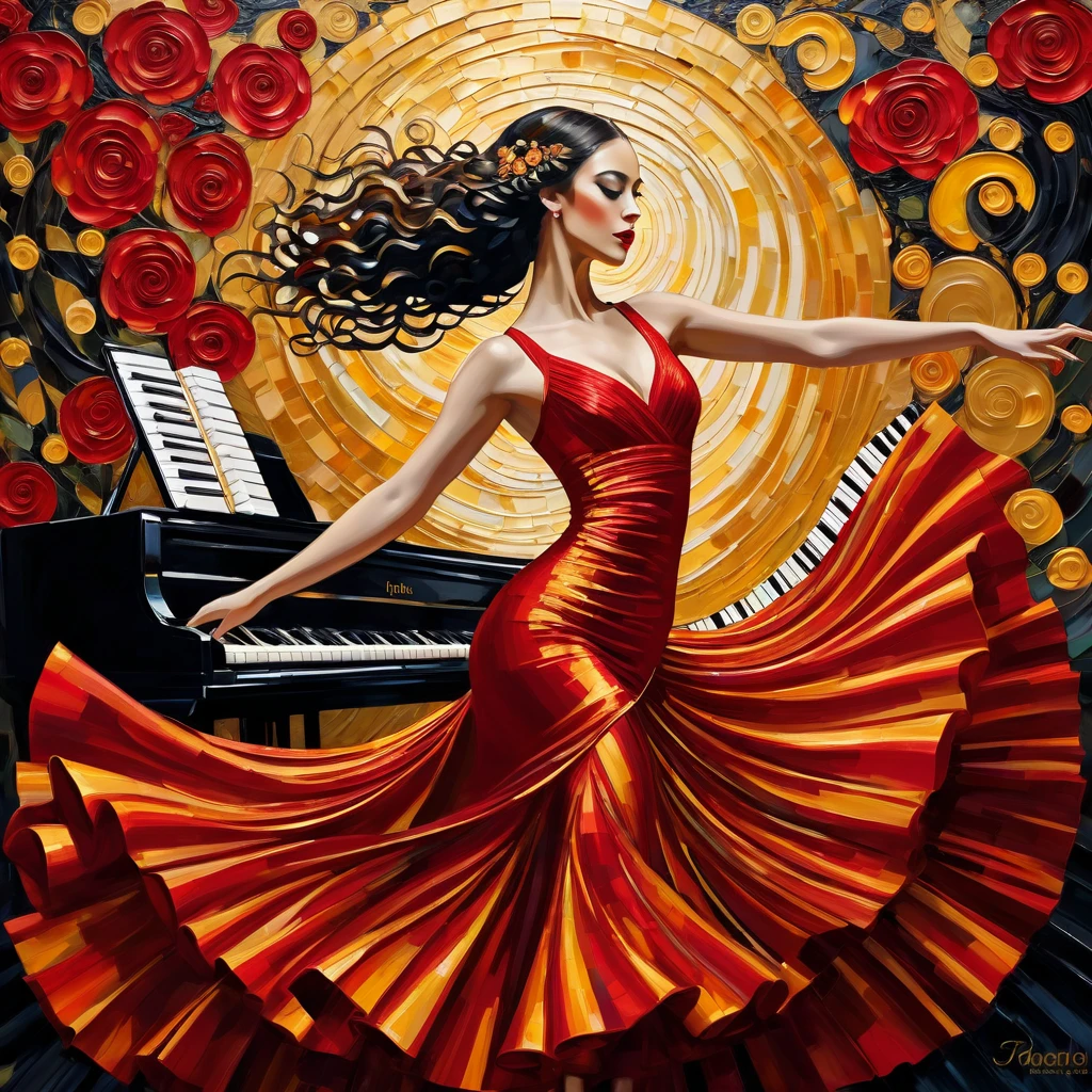 
A breathtaking fusion of a flamenco dancer and piano keys in the style of Gustav Klimt. The dancer's dress seamlessly transforms into flowing piano keys, the fabric and keys fused together in a captivating, harmonious design. The scene is painted in rich impasto, with bold oil brushstrokes creating texture and depth. The background is adorned with golden swirls and intricate patterns, echoing Klimt's iconic style, blending the essence of music and dance into one mesmerizing composition.
