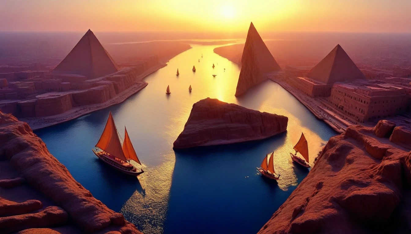 beautiful detailed A bird's-eye view of Ancient Egypt at dawn,  with the sun rising over the pyramids of Giza and the Nile flowing smoothly. The sky is painted in orange and gold tones ,  as the city's inhabitants begin their day .  The sound of the Nile and birdsong create a tranquil atmosphere , 4K UHD, ultra detailed, no aliasing