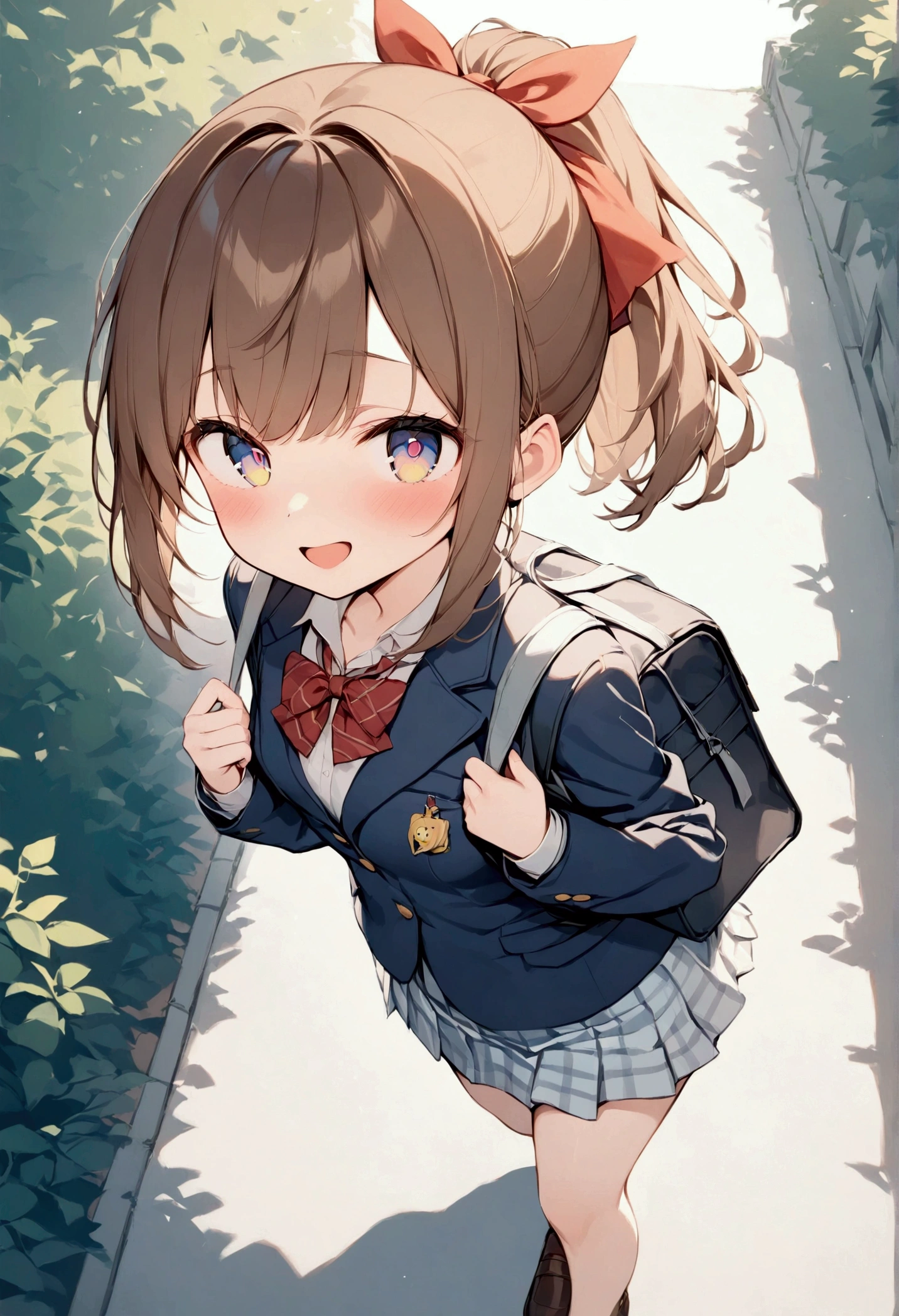 (masterpiece),( best quality),   Staring at Viewer ,   female   , cute,Brown Hair,  ponytail,（Small breasts）,  navy blue blazer , Red ribbon,   on a light blue gingham check short skirt、School bag hanging from the shoulder , Brown Loafers,  embarrassed expression, Open Mouth Smile , One leg raised,  {View from above|   bicolor eyes   },Rear View, Beautiful woman looking back,  (Wavy Hair:0.8),{Asahi|  cowboy shot}, {School route| outdoor }, {Morning Glow|School scene}, {school bag|cuteウサギのアクセサリー}, {Laughter and conversation | embarrassed expression }, Amazingly slim,   detailed background, Light tones, whole body, （The charm of youth）